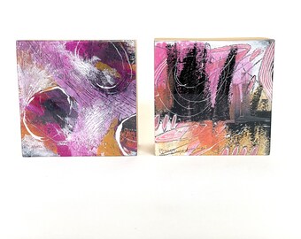 Abstract Wall Art Set - Pink, Black and Orange Painting, Miniature Square Paintings in Black, Pink, Yellow, Orange