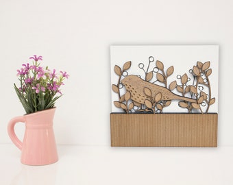 Folk Art Bird Wall Art, Wood Bird Art Handcrafted on Birch Wood Panel, Bird Shelf Art, Woodland Animal Art