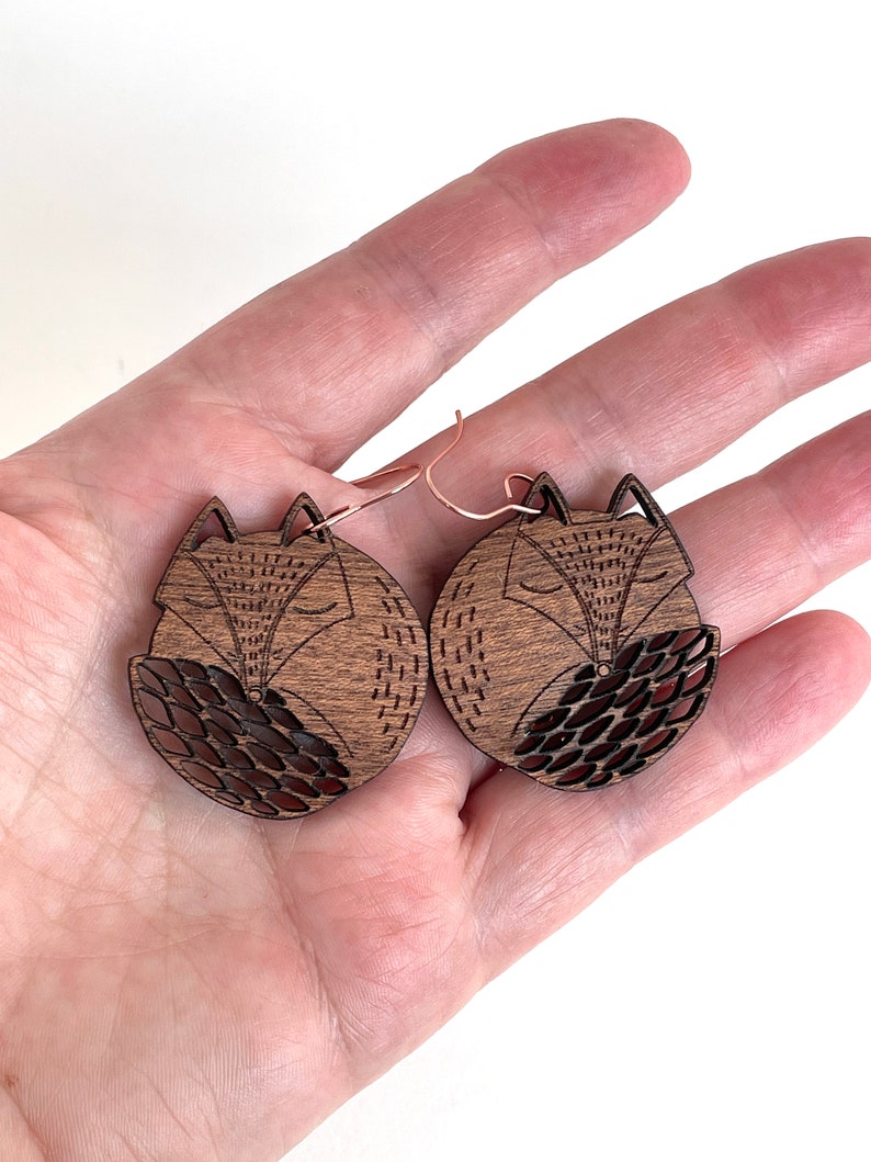 Sleepy Fox Wood Dangle Earrings image 2