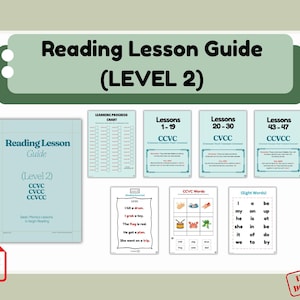 Puede incluir: Una guía de lecciones de lectura titulada "Reading Lesson Guide (Level 2)" con materiales de lecciones adjuntos. La guía incluye lecciones, gráficos y palabras de vista. También son visibles un icono PDF y un sello de "Descarga instantánea".