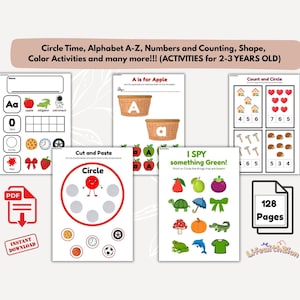 May include: Educational printable activity pages for toddlers aged 2-3 years old. Includes alphabet, numbers, shapes, and color activities. The pages feature illustrations of apples, baskets, and other objects. The PDF file contains 128 pages.