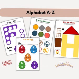 May include: Educational alphabet learning sheets for kids. Includes sheets for the letters F, D, E, and H, with colorful illustrations and activities. The text "Alphabet A-Z" is at the top. The sheets are labeled "Instant Download".