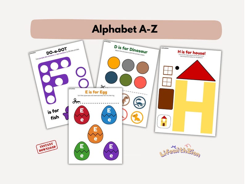 May include: Educational alphabet learning sheets for kids. Includes sheets for the letters F, D, E, and H, with colorful illustrations and activities. The text "Alphabet A-Z" is at the top. The sheets are labeled "Instant Download".