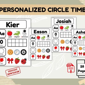 Puede incluir: Materiales educativos imprimibles para el círculo de discusión, con tarjetas de nombres personalizadas para Kier, Eason, Josiah y Asher. Cada tarjeta incluye letras, números e ilustraciones coloridas. Incluye un PDF de 28 páginas.