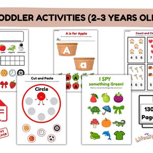 以下が含まれることがあります： 2〜3歳向けの幼児向け教育用印刷可能アクティビティシート。シートには、カウント、マッチング、色や形の識別などのアクティビティが含まれています。画像は、130ページの学習資料を含むPDFダウンロードを示しています。