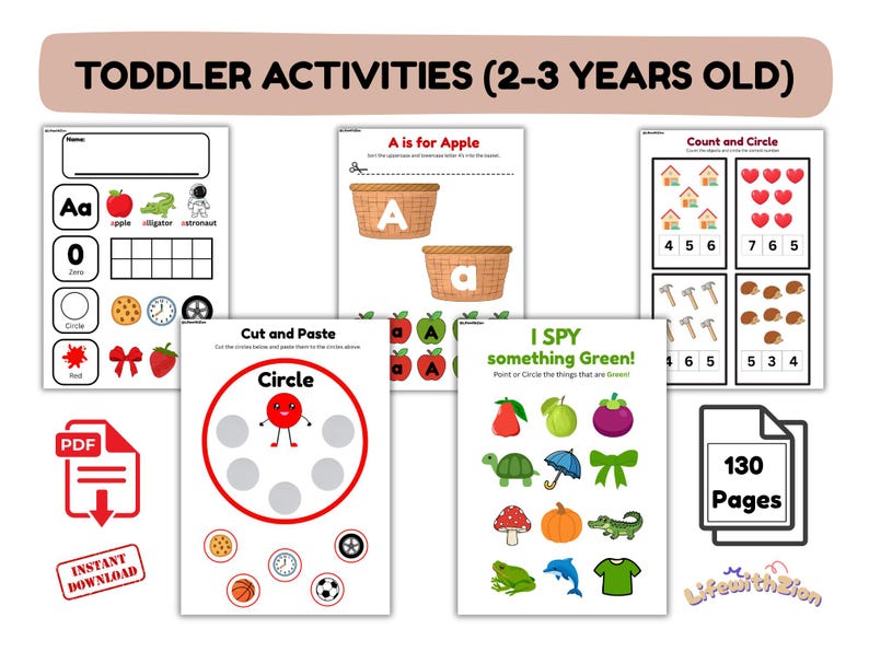 May include: Educational printable activity sheets for toddlers aged 2-3 years old. The sheets include activities like counting, matching, and identifying colors and shapes. The image shows a PDF download with 130 pages of learning materials.