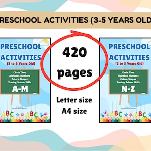 May include: Two educational activity books for children aged 3-5 years, titled Preschool Activities. The covers feature a green chalkboard graphic with text A-M and N-Z, 420 pages total, available in Letter and A4 sizes with colorful alphabet icons.