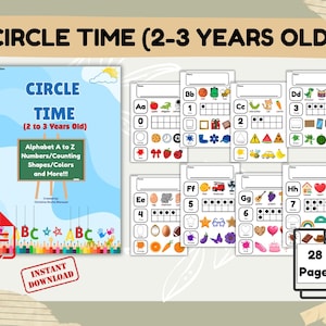 May include: Educational printable materials for toddlers aged 2-3. The image features a blue cover with the title "Circle Time" and learning pages with alphabet, numbers, shapes, and colors. Includes 28 pages, instant download.