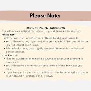 May include: A digital download notice with text on a cream background. The text includes "Please Note:" and details about the instant download, including file type, size, and refund policy.