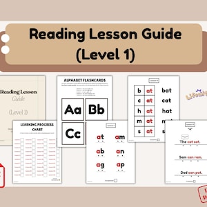 Könnte beinhalten: Ein Lesestundenführer (Level 1) mit Alphabet-Lernkarten, einer Lernfortschrittstabelle und Leseübungen. Der Leitfaden enthält Wörter wie "bat", "cat" und "hat". Der Text "Sofort-Download" ist ebenfalls enthalten.