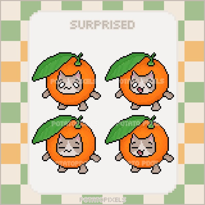 May include: Four pixel art illustrations of cats wearing orange costumes with green leaves on top. The cats have surprised expressions. The text "SURPRISED" is at the top of the image.