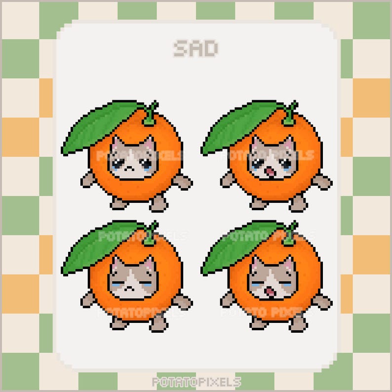 May include: Four pixel art illustrations of a cat wearing an orange costume. Each cat has a different facial expression, including sad, worried, and surprised. The text "SAD" is at the top of the image.