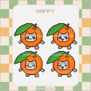 May include: Four pixel art illustrations of cats wearing orange costumes with green leaves. The text "HAPPY" is at the top of the image. The text "POTATO PIXELS" is at the bottom of the image.