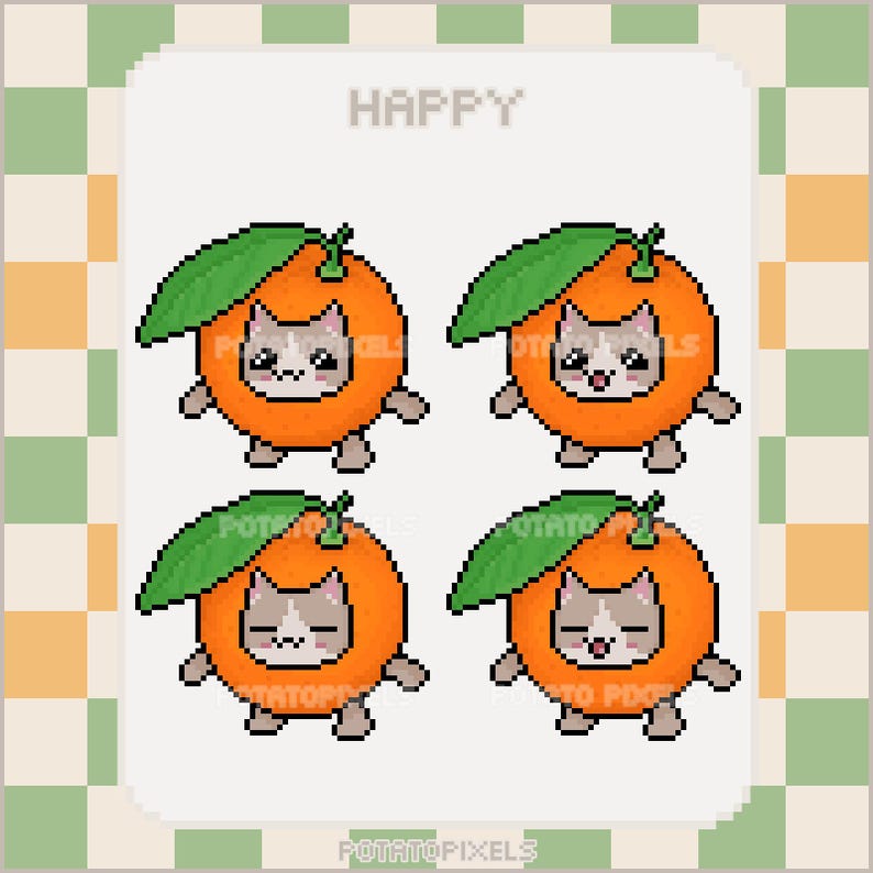 May include: Four pixel art illustrations of cats wearing orange costumes with green leaves. The text "HAPPY" is at the top of the image. The text "POTATO PIXELS" is at the bottom of the image.