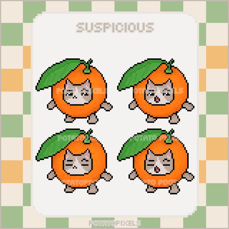 May include: Four pixel art illustrations of cats wearing orange costumes with green leaves. The text "SUSPICIOUS" is at the top of the image. The text "POTATO PIXELS" is at the bottom of the image.