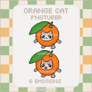 May include: Orange Cat PNGtuber, a digital illustration of a cat wearing an orange costume with 6 different emotions. The cat is pixelated and has a cute, cartoon-like appearance.