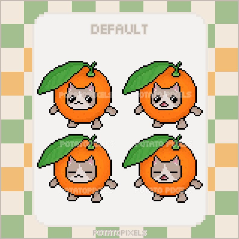 May include: Four pixel art illustrations of a cat wearing an orange costume with a green leaf on top. The cat has a white face with grey markings and a grumpy expression. The text "DEFAULT" is at the top of the image.