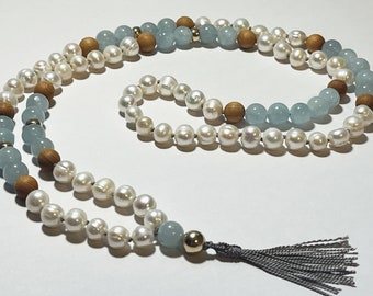 Aquamarine and Pearl Mala with 14 karat Gold