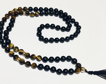 Shungite and Tiger’s Eye Mala Necklace with 14K Gold