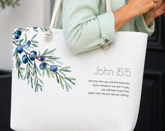 Bolso de mano con versículo bíblico de Juan 15:5 / Bolso para estudio bíblico cristiano, Regalo de fe "Yo soy la vid" para ella, Bolso de fin de semana grande con diseño botánico en acuarela para la iglesia
