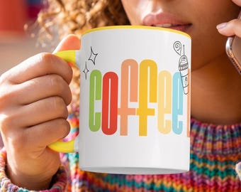 Taza de cerámica Coffee Keys Repeat, regalo retro y colorido para amantes del café, linda taza de café decorativa de 11 oz y 15 oz para mujeres y decoración de oficina.