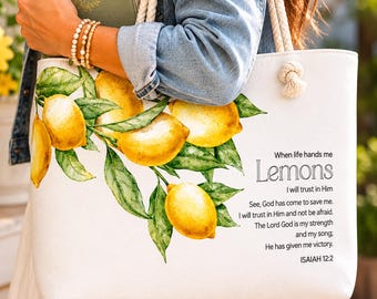 Bolso de viaje Christian Lemon Weekender con versículo bíblico Isaías 12:2. Bolso de playa grande. Lindo regalo religioso para ella.