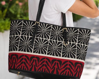 Bolso tote de piel sintética con estampado geométrico de 17x11 cm, bolso grande para portátil de trabajo para mujer, bolso de hombro con estampado abstracto en rojo y negro, bolso de viaje de fin de semana.