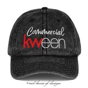 May include: Black distressed denim baseball cap with white embroidered text "Commercial" and red embroidered text "kween".