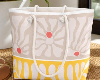 Bolso de fin de semana floral retro / Bolso de playa grande Diseño original Bolso de libros, bolso de trabajo botánico amarillo, lindo regalo de viaje para ella