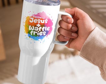 Taza de viaje "Running On Jesus & Waffle Fries", vaso cristiano para amantes de la fe y la comida rápida, regalo religioso para ella, taza de acero inoxidable