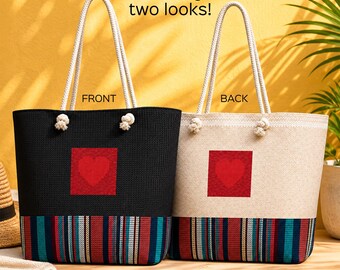 Bolso de fin de semana con aspecto de punto / Bolso de hombro de viaje con estampado de punto trenzado sintético y corazón / Bolso de playa de poliéster en color crema y gris carbón. Regalo ideal.