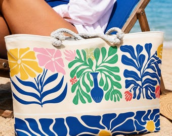Bolso de viaje Matisse Floral Weekender / Bolso de playa grande, bolso para libros con diseño original de MCM, bolso de mano azul con diseño abstracto de arte, regalo de viaje para ella.