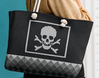 Bolso de fin de semana gótico de punto sintético con calavera / Bolso tote punk moderno / Bolso de viaje único y acogedor con calavera y tibias cruzadas / Idea de regalo para una escapada de una noche a la playa