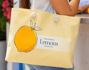 Bolso de viaje Christian Lemon Weekender, bolso de viaje de fe, regalo religioso para mujeres, bolso de playa grande con asa de cuerda, cuando la vida me da