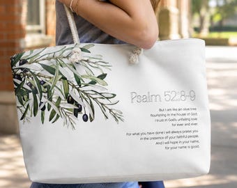 Bolso de fin de semana cristiano / Olivo Salmo 52 Escritura / Bolso grande de viaje y playa Regalo cristiano para mujeres Bolso de fe con asa de cuerda