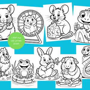 May include: A collection of black and white line drawings of animals, such as a chinchilla, hamster, mouse, lizard, chicken, frog, rabbit, guinea pig, and snake. The image includes the text "1 PDF FILE US LETTER 8.5x11".