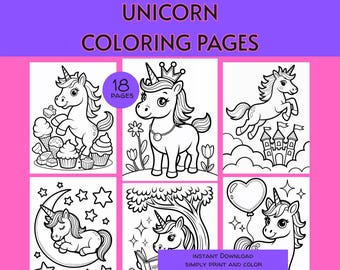 Páginas para colorear de unicornios imprimibles para niños, hojas para colorear de fantasía, lindas, divertidas y mágicas, libro para colorear para fiestas de cumpleaños infantiles.