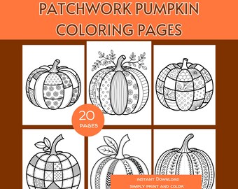 Dibujos para colorear de calabazas patchwork para imprimir, láminas para colorear de otoño, dibujos para colorear de Acción de Gracias, para niños y adultos, descarga instantánea