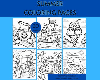 Páginas para colorear de verano para niños IMPRIMIBLES, libro para colorear, hojas para colorear para niños, colorear en la playa, diversión de verano, actividad de fiesta de cumpleaños para niños