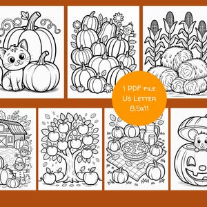 May include: Black and white line art illustrations of pumpkins, a cat, a scarecrow, corn stalks, hay bales, an apple tree, a pie, and a mouse in a jack-o'-lantern. The images are labeled "1 PDF FILE Us LETTER 8.5x11".
