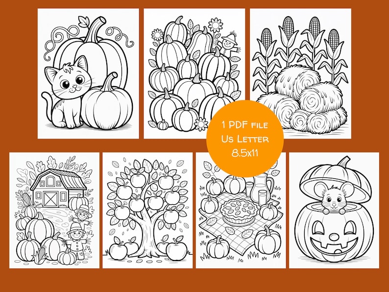 May include: Black and white line art illustrations of pumpkins, a cat, a scarecrow, corn stalks, hay bales, an apple tree, a pie, and a mouse in a jack-o'-lantern. The images are labeled "1 PDF FILE Us LETTER 8.5x11".