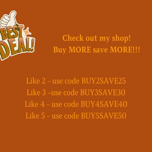 May include: An orange background with the words "BEST DEAL!" in a cartoon style. The text "Check out my shop! Buy MORE save MORE!!!" is also present, along with discount codes for multiple purchases.