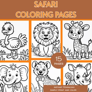 Könnte beinhalten: Safari-Malvorlagen mit Umrisszeichnungen von Strauß, Löwe, Giraffe, Elefant, Hyäne und Nashorn. Der Text "Safari Coloring Pages" steht oben, mit "15 Pages" in einem Kreis. Der Text unten lautet "Sofort-Download Einfach drucken und ausmalen".