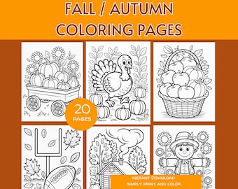 Dibujos para colorear de otoño para niños, hojas para colorear de otoño, actividades de Acción de Gracias, espantapájaros, calabazas, pavos y dibujos para colorear acogedores.