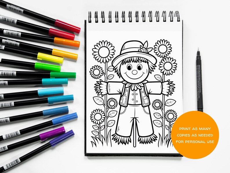 May include: A black and white line drawing of a smiling scarecrow in a field of sunflowers, ready to be colored. A set of colorful markers and a black pen are arranged around the drawing. Text on the image: "PRINT AS MANY COPIES AS NEEDED FOR PERSONAL USE."
