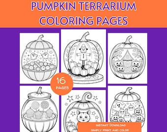 Dibujos para colorear de terrarios de calabaza para imprimir, hojas para colorear de otoño, dibujos para colorear de Halloween, dibujos para colorear para niños y adultos, descarga instantánea