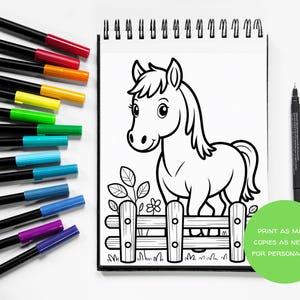 May include: A monochrome illustration of a horse behind a wooden fence, ready for colouring, in a spiral-bound notepad. A selection of coloured felt-tip pens and a black pen are alongside. The image includes the text: "Print as many copies as needed for personal use."