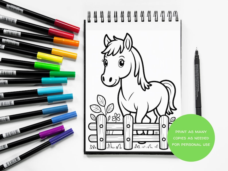 May include: A monochrome illustration of a horse behind a wooden fence, ready for colouring, in a spiral-bound notepad. A selection of coloured felt-tip pens and a black pen are alongside. The image includes the text: "Print as many copies as needed for personal use."