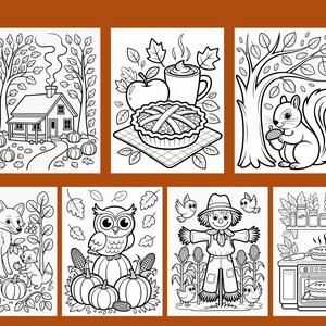May include: Black and white line art illustrations of autumn scenes. Includes a house, pie, squirrel, fox family, owl, scarecrow, and a pie baking in an oven. Pumpkins and fall leaves are featured throughout.