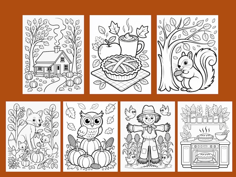 May include: Black and white line art illustrations of autumn scenes. Includes a house, pie, squirrel, fox family, owl, scarecrow, and a pie baking in an oven. Pumpkins and fall leaves are featured throughout.